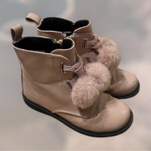 Rachel Kids Lil Paxton pale blush patent moto boots with faux fur pom-poms. 11M
